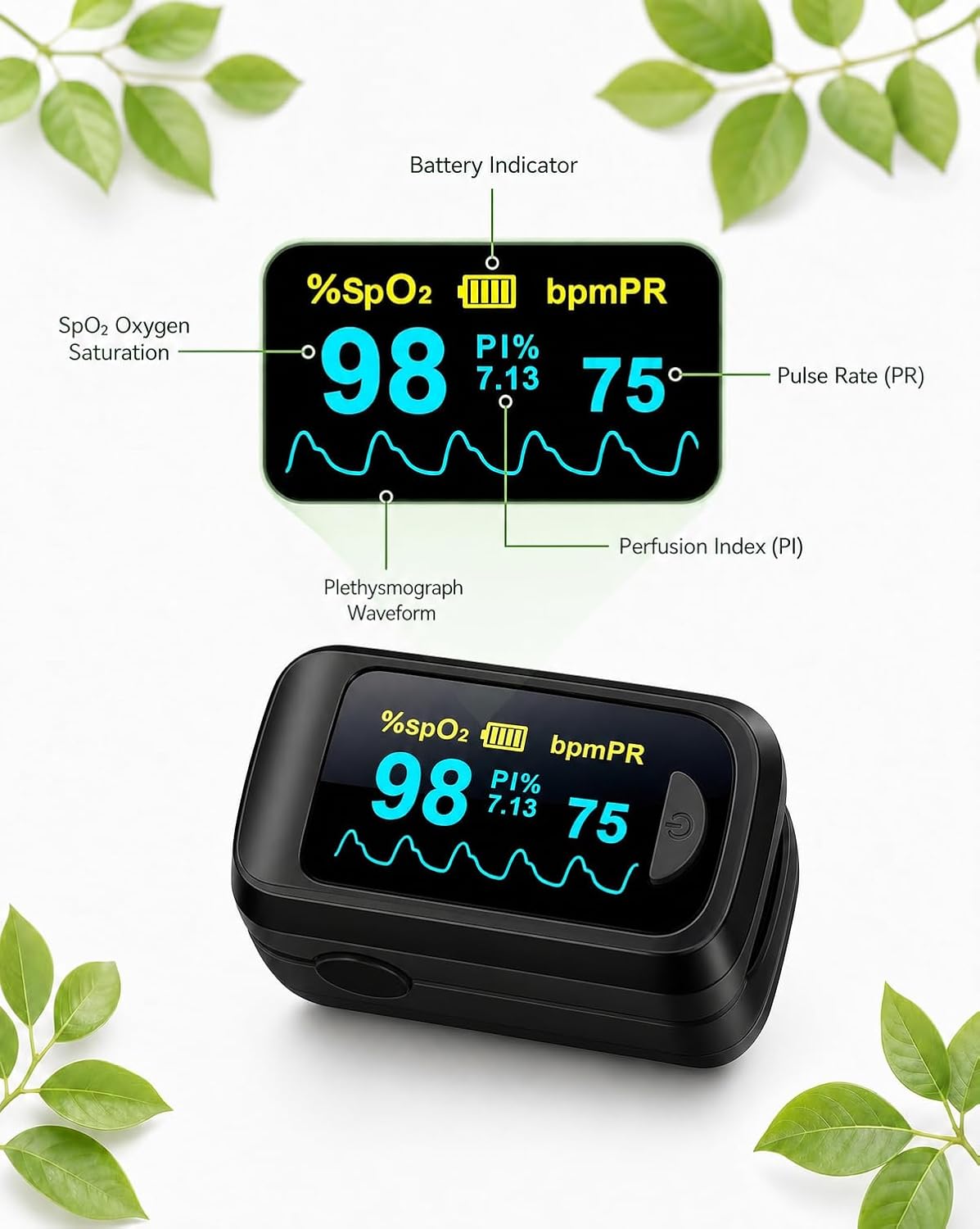 Healthtree JKS50B Pulse Oximeter Fingertip - Blood Oxygen monitor Fingertip with Perfusion Index, Fast 5-8s Reading, Large OLED Display, SpO2 & Heart Rate monitor for Home, Sports, Travel (Includes Batteries & Lanyard)